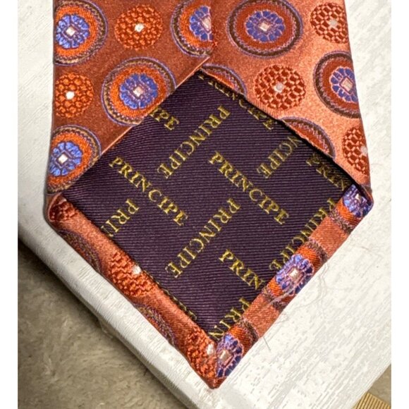 Principe Mens Silk Tie Orange & Blue Circular Pattern Made In Italy - Picture 4 of 7